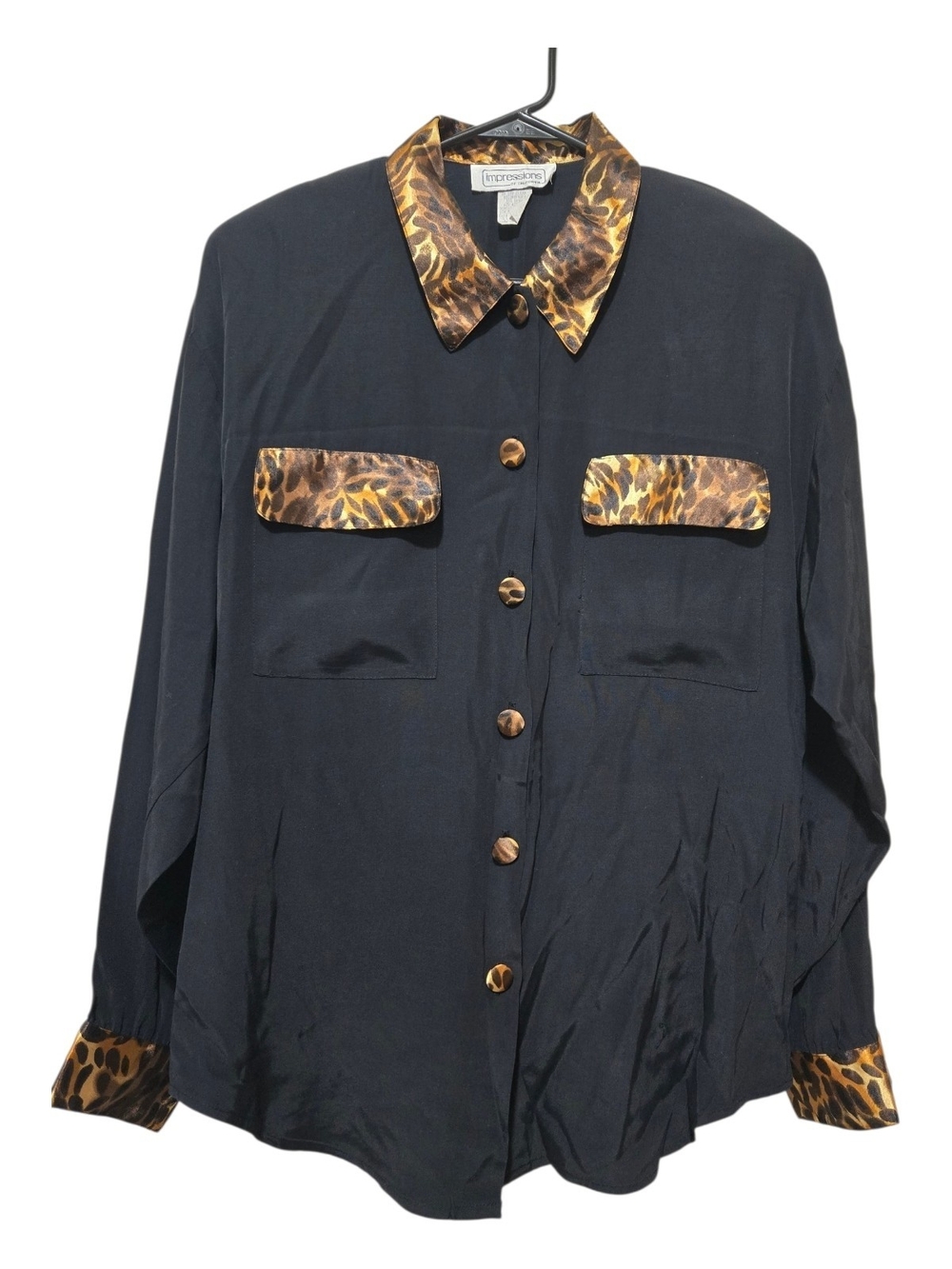 VTG Black Button Shirt Leopard Trim And Buttons Rayon Blend SZ 10